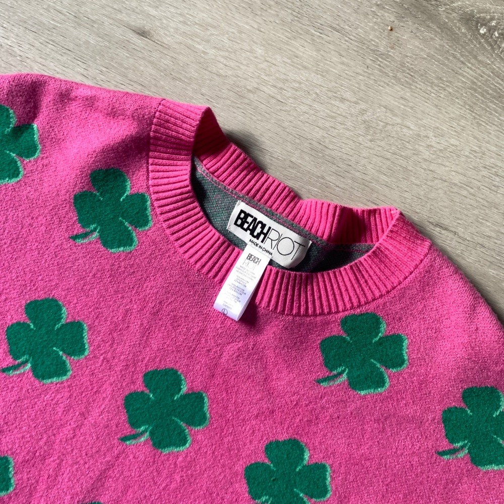 Beach Riot Pink Green Clover Four Leaf Crewneck Sweater Large St Patricks Day